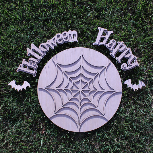 Happy Halloween Spider Web Round Door Hanger DIY Unfinished Separated