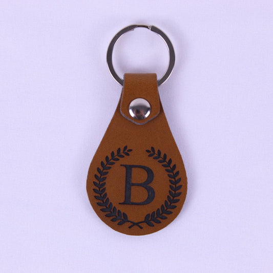 Leather Key Chain with Monogram Letter Tan